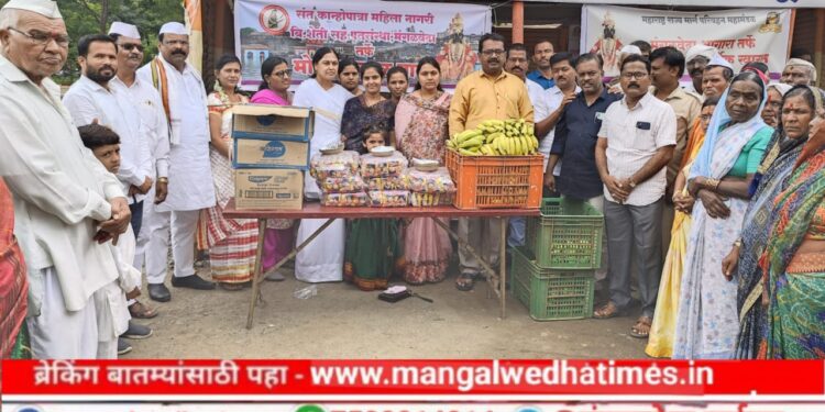 आषाढी यात्रेनिमित्त संत कान्होपात्रा पतसंस्थेने जोपासली सामाजिक बांधिलकी; पंढरपूरकडे जाणाऱ्या भाविकांना केले फराळाचे वाटप